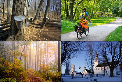 Set of Four photos, maple buckets on tree, bicyclist, fall scene and winter church